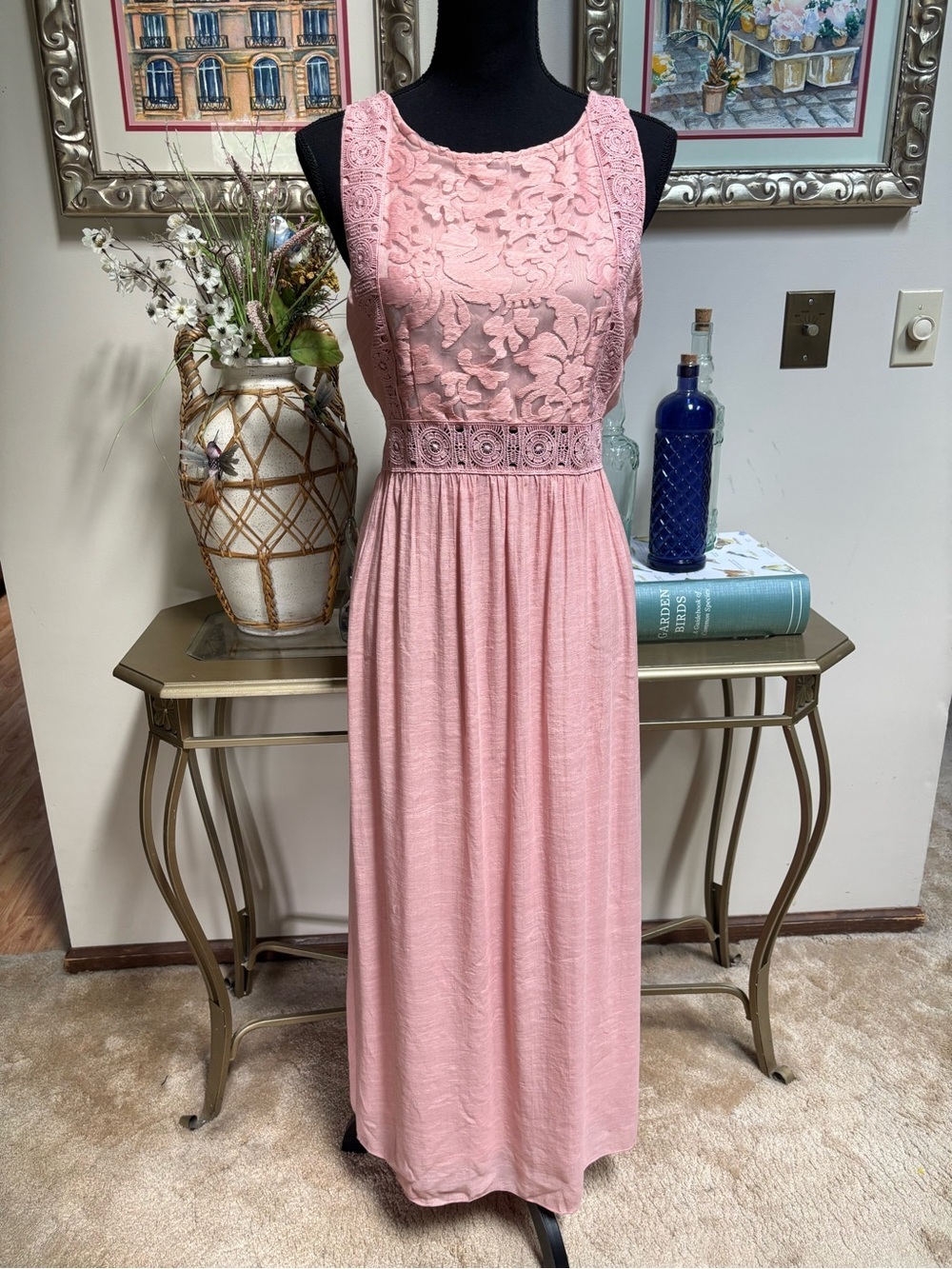 KINGS ROAD PINK LACE CROCHET BOHEMIAN ROMANTIC SLEEVELESS MAXI DRESS SIZE XL